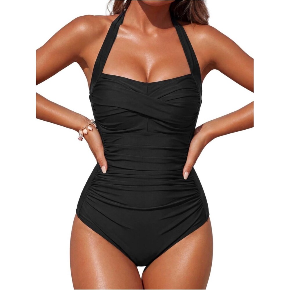 Smismivo Black Tummy Control Halter One Piece Slimming Retro Swimsuit L NWT